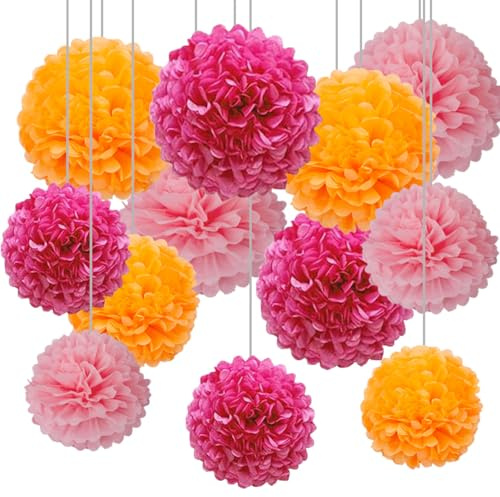 12pcs Hot Pink,Light Pink and Orange Tissue Paper Pompoms,Hanging Paper Pom Poms for Pink Orange Party Decoration