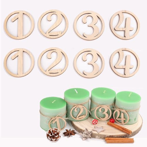 HERZONE Advent Numbers 1-4 Wooden Discs 5cm Diameter for Candles & Holders, 2 Sets, Vintage Round, Non-Foldable, Adult, Christmas Decoration
