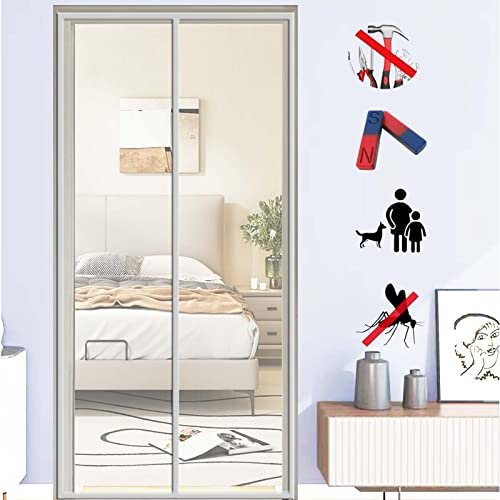 Magnetischer Fliegengitter-Tür-Insektenschutzvorhang, robust, stark magnetisch, schließt automatisch, ohne Bohren, für Türen und Fenster, Grau, 95 x 190 cm
