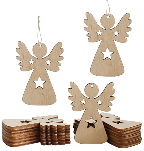 HERZONE 50pcs Holz Engel Anhänger Weihnachten Schutzengel Glücksbringer Weihnachtsdekoration (braun Engel mit Sterne)