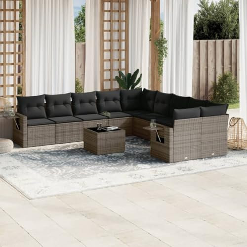 Somanki 11-TLG. Garten-Sofagarnitur mit Kissen Grau Poly Rattan, Lounge Gartenmöbel Set, Möbelsets, Balkon Möbel, Gartenlounge, Gartensofa - 3220719