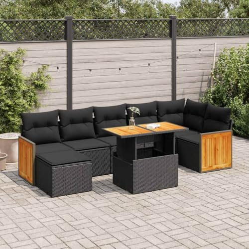 UJCHVHN Home Garden, 7-teiliges Gartensofa-Set mit Kissen, Polyrattan, Akazie, Schwarz