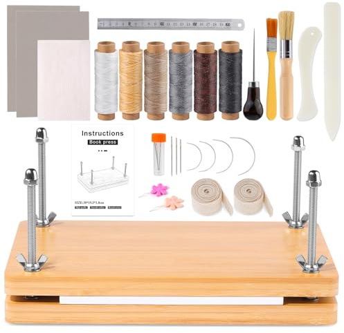 Wamkon Buchbinder Set Buchbindeset Buchpresse(30 x 19.2 cm) bookbinding set | Buchbindewerkzeuge Buchbindematerialien mit Holzbindepresse Falzbein Buchdeckel Buchbindepresse Ahle Buchbindeband
