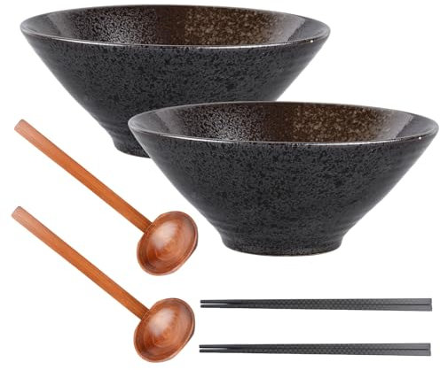 Yuedefly Juego de 2 cuencos de cerámica para ramen, porcelana japonesa, ensalada, fideos, cereales, frutas, pasta, sopa, palillos y cucharas para sopa, ramen, pasta, ensalada de frutas, arroz,