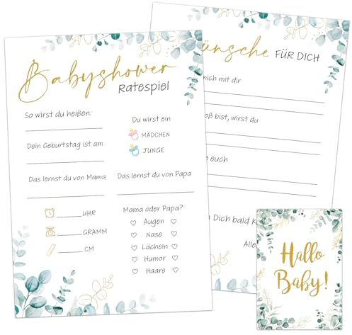 BOOMTOP 26x Babyparty Spiele Karten Ratespiel Babyshower Spiele für Junge Mädchen Gender Reveal Party Deko Geschenk Deutsch Eukalyptus Tippkarten zum Ausfüllen