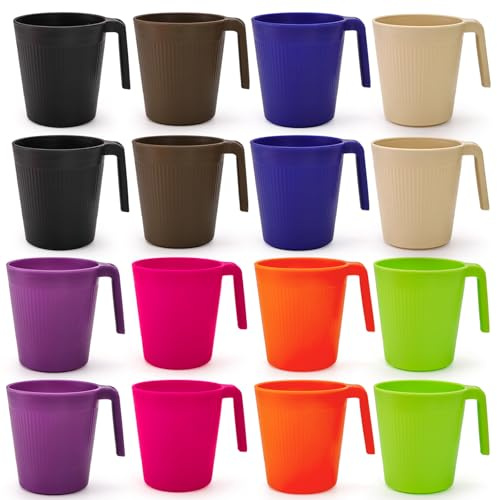 DEAYOU Set of 16 Wheat Straw Cups with Handles, 17 OZ Unbreakable Plastic Coffee Mugs Reusable, Lightweight Drinking Cups for Tea, Camping, RV, Dishwasher and Microwave Safe, BPA Free, Vibrant Color