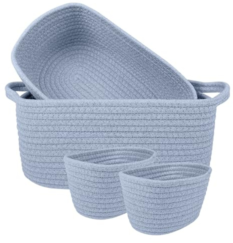 Set 4 Cestini Grandi In Corda Di Cotone Portaoggetti Moderni Tinta Unita Design Elegante Contenitori Impilabili Organizzazione Cestino Bagno Porta Lavette Accessori Stoccaggio - AnchorageAzzurro