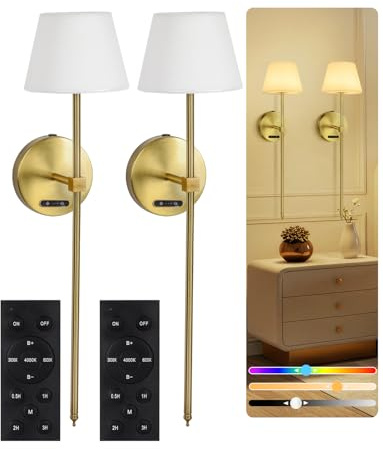OUTON Battery Operated Wall Lights Set of 2 – Wireless Wall Sconces with Remote & Touch Control, RGB & 3 Color Temperatures, Dimmable LED, Timer, Memory, Cordless for Bedroom, Living Room – Gold