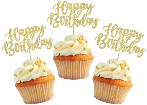 24 Stück Happy Birthday Cupcake Toppers Geburtstag Tortendeko Glitzer Alles Gute zum Geburtstag Kuchen Deko für Baby Dusche Kinder Party Kuchen Dekorationen Gold