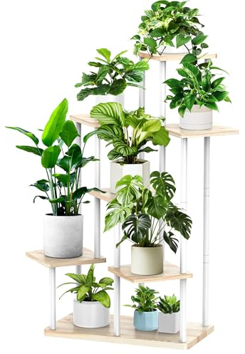 YOCOMEY 7 Tier Hölzern Blumenregal Pflanzenregal, Mehrstöckig Blumenständer Pflanzenständer Blumenbank Blumentreppe Pflanzentreppe Standregal für Innen Garten Balkon Deko(Weiß Eiche)