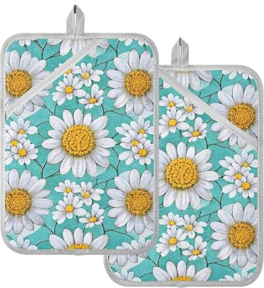 Presine da cucina resistenti al calore alla moda margherita floreale bianco turchese presine per cucine con tasche set di cuscinetti caldi da cucina guanti da forno confezione da 2