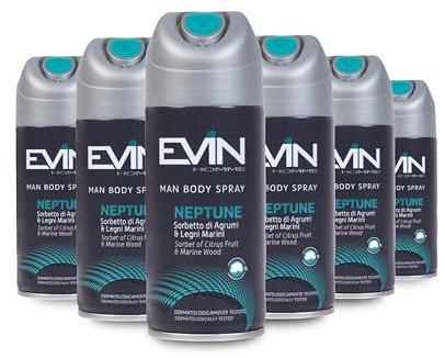 EVIN HOMME | Deodorant Neptune Spray för män, doftblandning av citrusfrukter och havsträ, hållbarhet 24 h, 6 x 150 ml