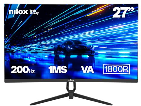 Nilox NXM27CRV2001 Monitor Curvo 27, Pantalla Gaming 200Hz 1ms, Pantalla Ordenador con Soporte VESA 100x100mm, Conexiones HDMI y DP