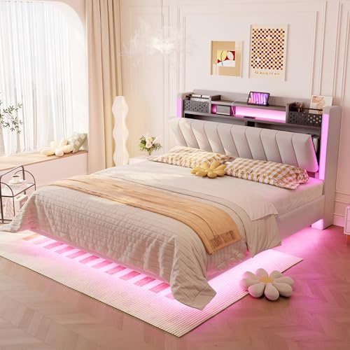 Gegtuon Bett 140x200 mit LED-Kopfteil, USB-Doppelbett Betten Polsterbett mit Stauraum Regal, Jugendbett Stauraumbett Gästebett Bettgestell mit Lattenrost für Schlafzimmer, ohne Matratze, Leinen, Beige