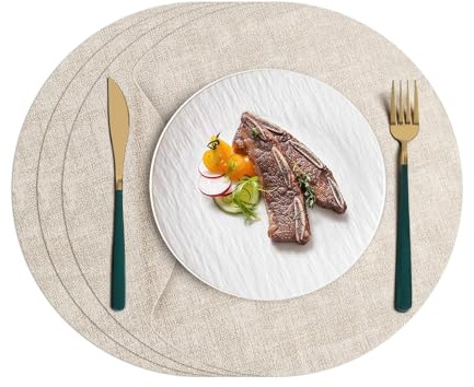 Komforbaa Redondo Salvamanteles Lavables, Juego de 4 Manteles Individuales, Tapetes Reutilizables y con Resistencia al Calor para Mesa Comedor Hogar 33cm Beige