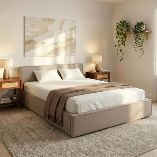 IDIMEX Polsterbett Pesaro 160x200 cm, Greige– modernes Doppelbett mit Lattenrost, Stoffbezug aus 100% Polyester in Leinen Optik, mit Kopfteil für Schalfzimmer