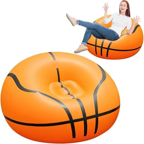 XJGQZ 2 Pcs Inflatable Bean Bag Chairs for Camping, Kids Blow up Chair, Foldable Lazy Sofa Couch with Electric Air Pump for Reading Living Room Bedroom Gaming Outdoors, UK Plug, Basketball