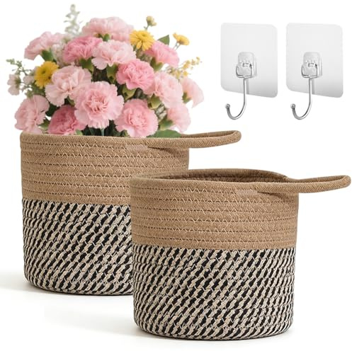 Paniers suspendus en coton - Panier de rangement mural avec poignée - 15 x 15 cm - Panier de rangement pour cuisine, salle de bain, chambre à coucher, salon - Panier à suspendre (marron + marron foncé