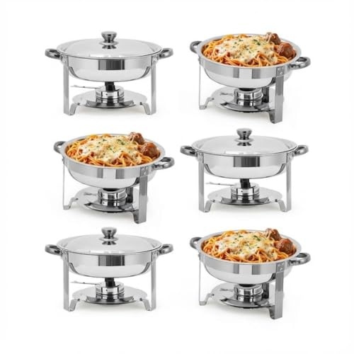 LinTimes 6PCS Round Chafing Dish Buffet Set, Heavy Duty Stainless Steel Food Warmer Buffet Server with Lids & Water Pans, Portable Bain Marie Catering Serving Equipment for Soups Curries & Parties