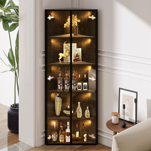 LED-Glasvitrine 62 x 35 x 160 cm – Schwarz mit integriertem Lichtband staubdichte Vitrine aus gehärtetem Glas gefertigt Eckvitrine,Elegante Glasvitrine– Vitrine Bücherregal