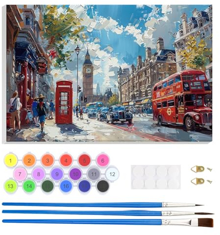 EOBROMD Måla med siffror Vuxna med Ram, Londons vägar Paint by Numbers, Landskap Akrylfärgmålningssats Gör-det-själv för Vuxna med Akrylfärgpennor 20x30cm