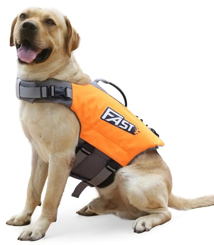 Hundeschwimmweste Orange, Verstellbare Rettungsweste für Hunde mit Rettungsgriff, Hoher Auftrieb Schwimmhilfe aus Oxford-Gewebe für Wassersport, Bootfahren & Strand, XL