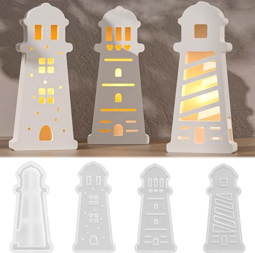4 Stück Silikonformen Gießformen Leuchtturm FORMVERSITY, Silikonform Gießform Maritim Themen Gießform Kerzenhalter Leuchtturm, Gießformen Silikon Sommer Gibs Formen Silikon Lichthäuser für Diy
