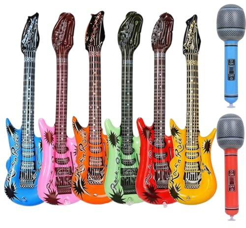 Inflatable Guitars and Microphones Set, 6 Random Inflatable Guitars and 2 Random Blow Up Microphones, Party Decoration and Musical Theme Events, Portable Inflatables for Indoor and Outdoor Use