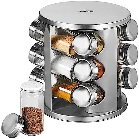 STONELINE Gewürzregal Stehend mit 12 Gewürzgläser, Edelstahl Glas Gewürzkarussell 360° Drehbar Gewürz Organizer Gewürzständer Rund, Gewürzdosen Gewürz Streuer mit Etiketten, Aufbewahrung Küche Zubehör