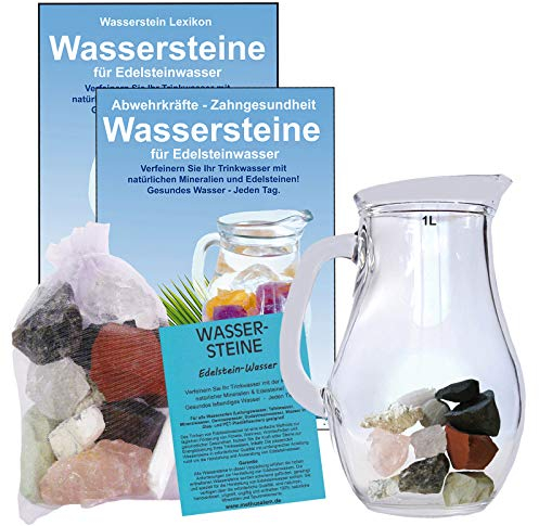 Wassersteine EDELSTEINWASSER Set 300g EDELSTEINE für ENTSCHLACKUNG zum WASSER energetisieren + 1,0L Glaskrug. 5-tlg Set zur Wasseraufbereitung mit Anleitung zur Wasserenergetisierung. 90037-2