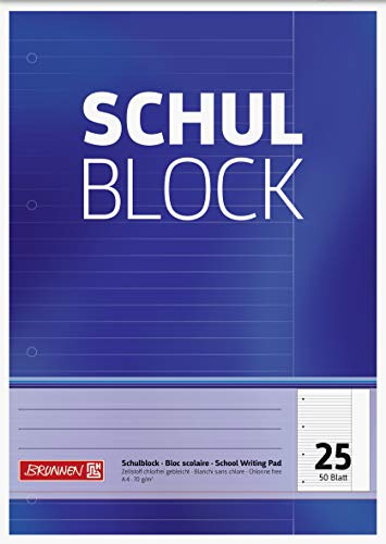 Brunnen 1052525 Schulblock/Notizblock (A4, 50 Blatt, Liniert, mit Rand, Lineatur 25, gelocht, kopfverleimt, 70 g/m²)