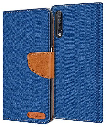 Verco Coque pour Galaxy A30s, Étui Portefeuille Compatible avec Samsung Galaxy A30s Case Textures de Fibre Housse de Protection, Bleu