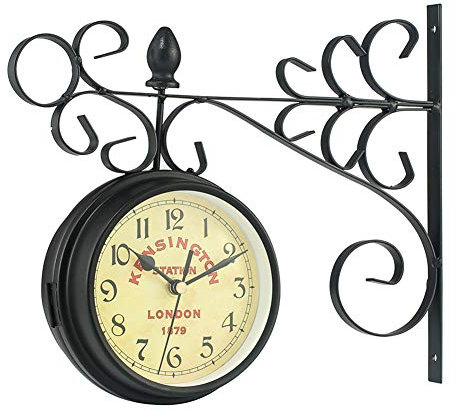 WERTAZ Orologio da Parete Bifacciale Orologio da parete vintage in ferro battuto effetto antico Appeso Orologio retrò Stazione Lampadario tondo con scorrimento a parete Montaggio laterale