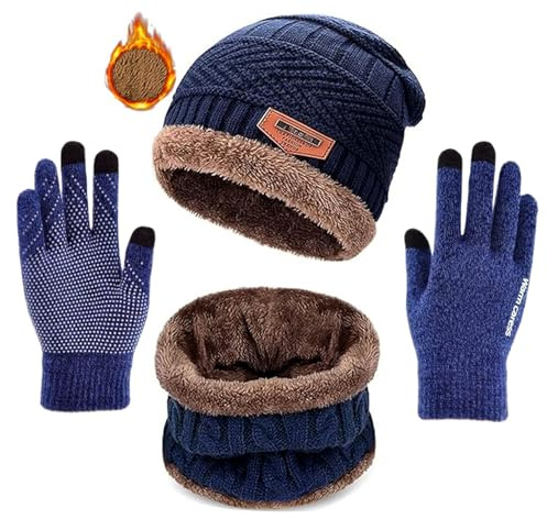 ASYBHYY Gorras Invierno con Bufanda y Guantes Táctiles Antideslizante 3 en 1 de Punto Sombreros Slouchy Calentar Gorro con Forro Polar para Mujeres y Hombres (Azul)