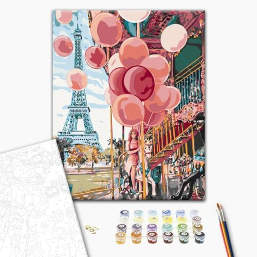 murando - Malen nach Zahlen Karussell beim Eiffelturm Paris, 40x50 cm | Malset mit Holzrahmen, ideal für Erwachsene und Kinder, entspannendes Hobby, entspannend, hochwertig, langlebig, kreativ