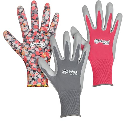 Lakeland Active Orton Weed & Seed Lot de 3 paires de gants de jardinage Gris ardoise/rose fuchsia et floral Taille M