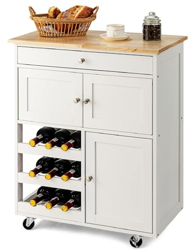 GIANTEX Küchenwagen auf Rollen, bewegliche Kücheninsel mit Arbeitsplatte, Küchenregal mit Flaschenablagen, Servierwagen Rollwagen mit Schublade, Haushaltswagen Allzweckwagen Küchentrolley (Weiß)