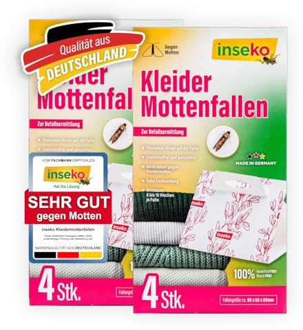 inseko 8X Kleidermottenfalle mit maximaler Lockwirkung – Pheromonfalle gegen Motten im Kleiderschrank – Mottenfalle geruchlos & insektizidfrei – Made in Germany
