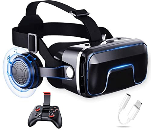 JYMYGS Gafas de Realidad Virtual, 3D VR Gafas con Controlador Bluetooth para Juegos Visión Panorámico VR Glasses para iPhone 13 Pro Max/13 Pro/13/12/11, para Samsung Galaxy S21, Huawei, Xiaomi