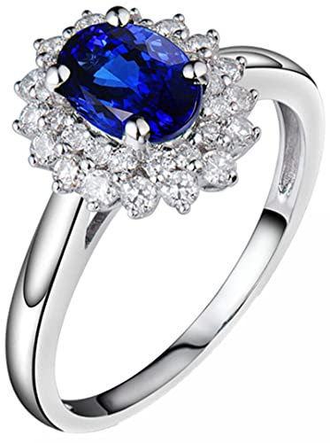 AMDXD Diamantring Weißgold 750, Blume Ringe Gold Damen mit Blau Tansanit 0.9ct, Geschenk für Weihnachten, Weiß Gold, Gr.47 (15.0)
