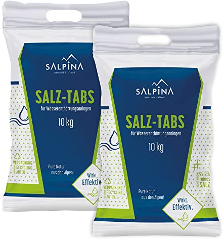 2 x SALPINA Salztabletten für Wasserenthärtungsanlagen 10kg im Sack (20kg), Entkalkung & Elektrolyse | hochreines Regeneriersalz (99,9% NaCl) mit bester Löslichkeit für sauberes & weiches Wasser