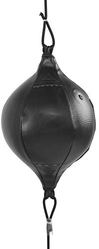 Tonsa Doppelend-Boxsack, Doppelend-Ball aus PU-Leder Zum Aufhängen, Box-Speed-Ball mit 2 Ringverschlüssen und Vollelastischen Schnüren für Reaktion, Beweglichkeit, Schlaggeschwindigkeit,(Schwarz)