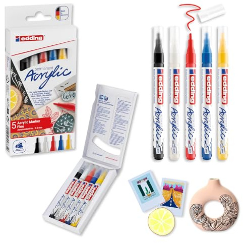 edding 5300 Acrylmarker Fein - mehrfarbiges 5er-Set - feine Spitze 1-2 mm - Acrylmalstifte zum Malen auf Leinwand, Kunstdruckpapier, Holz, Stein - Made in Germany