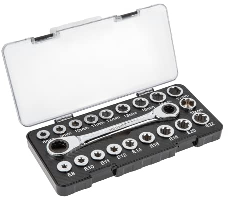 Högert Technik -Werkzeugsatz - Ratschenringschlüssel mit Steckschlüssel aus Chrom-Vanadium Legierungsstahl gefertigt - Ringmaulschlüssel mit Ratsche, Sechskant-Steckschlüssel, TORX-Aufsätze