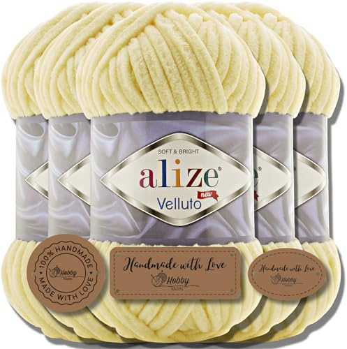 Alize 5x 100g Velluto türkische Wolle Super Bulky Chenillegarn Kuschelweich Babywolle Handstrickgarn zum häkeln weiches Chenille-Garn XXL-Knäuel für Amigurumi (Light Yellow | 13)
