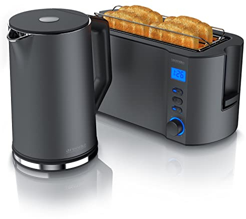 Arendo - Wasserkocher mit Toaster SET Edelstahl Cool Grey, Wasserkocher 1,5L 40° - 100°C Warmhaltefunktion, Toaster 4 Scheiben LED-Display 6 Bräunungsgrade Brötchaufsatz