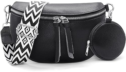 HNOOM Kleine Damen Umhängetasche aus Echtleder – Elegante Bauchtasche & Crossbody Bag mit Münzfach – Verstellbarer Breiter Gurt, RFID-Schutz – Stylische Gürteltasche für Alltag und Reisen (Schwarz)
