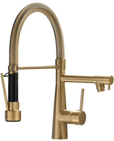 TIMACO Robinet de cuisine, douchette extensible avec blocage, pivotant à 360°, jet rétractable, haute pression, doré brossé