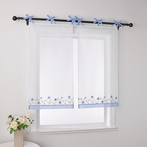 Joyswahl Voile Scheibengardine im Landhausstil »Kamille« Cáfe Gardinen Transparent Kurz Küchengardinen Bistrogardinen Küche Blau HxB 90x60cm 1 Stück