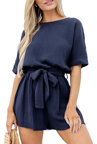 CUPSHE Damen Sommer Jumpsuit Rundhals Kurzarm Rückenschlitz Kurz Strampler | Lockere Passform, Bindegürtel Taille, Luftiger Fallstoff, Alltag Urlaub Stil, Bequemer Freizeit Look